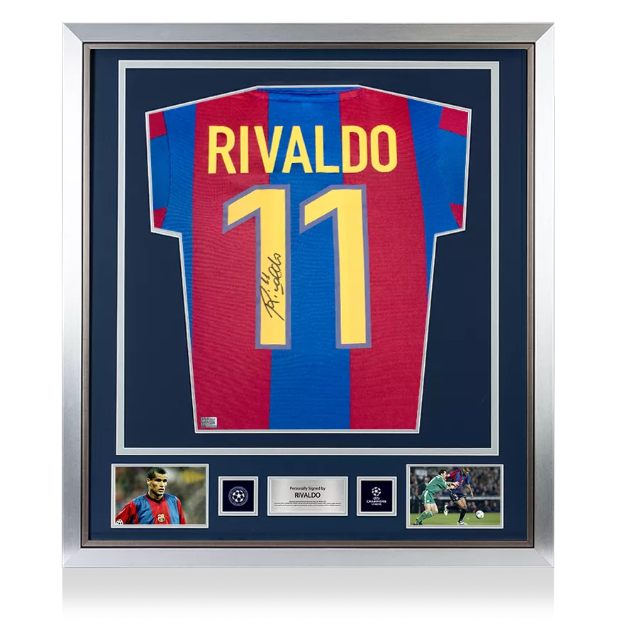 Rivaldo officiel de l'UEFA Champions League en arrière a signé et encadré la chemise de maison du rétro FC Barcelone