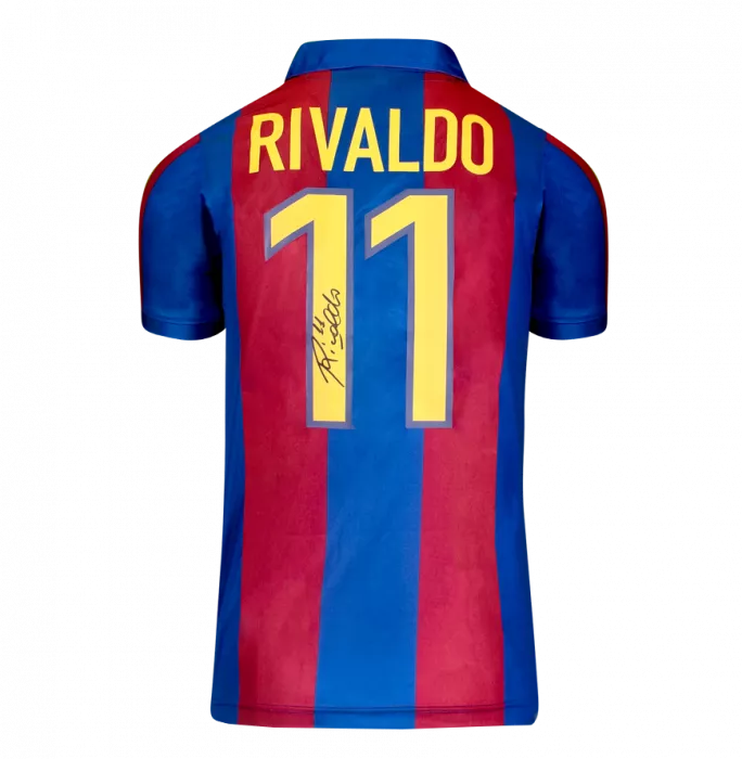 Rivaldo officiel de l'UEFA Champions League en arrière a signé et encadré la chemise de maison du rétro FC Barcelone