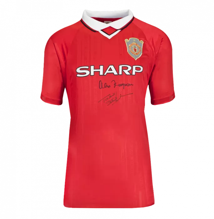 Teddy Sheringham e Sir Alex Ferguson ufficiale UEFA Champions League firmato e incorniciato la maglietta da casa del Manchester United 1999