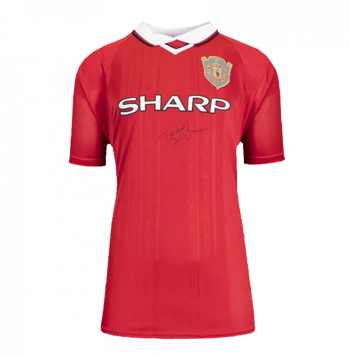 Fronte ufficiale di Teddy Sheringham UEFA Champions League firmata e Hero incorniciata la camicia da casa del Manchester United 1999