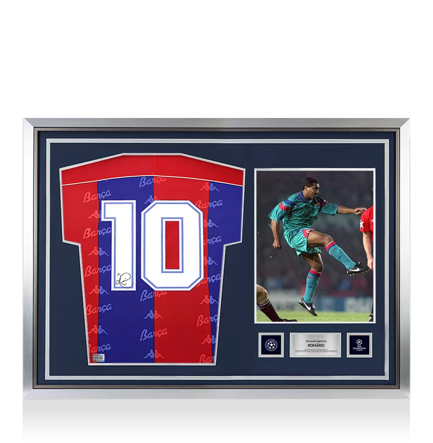 Romario Offizielle UEFA Champions League Back signiert und Held-gerahmter FC Barcelona 1992-95 Home-Shirt mit Fan-Stil-Zahlen