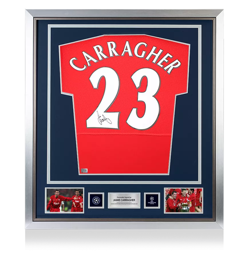Jamie Carragher Offizieller UEFA Champions League Back unterschrieben und gerahmt Liverpool FC 2005 Home Shirt
