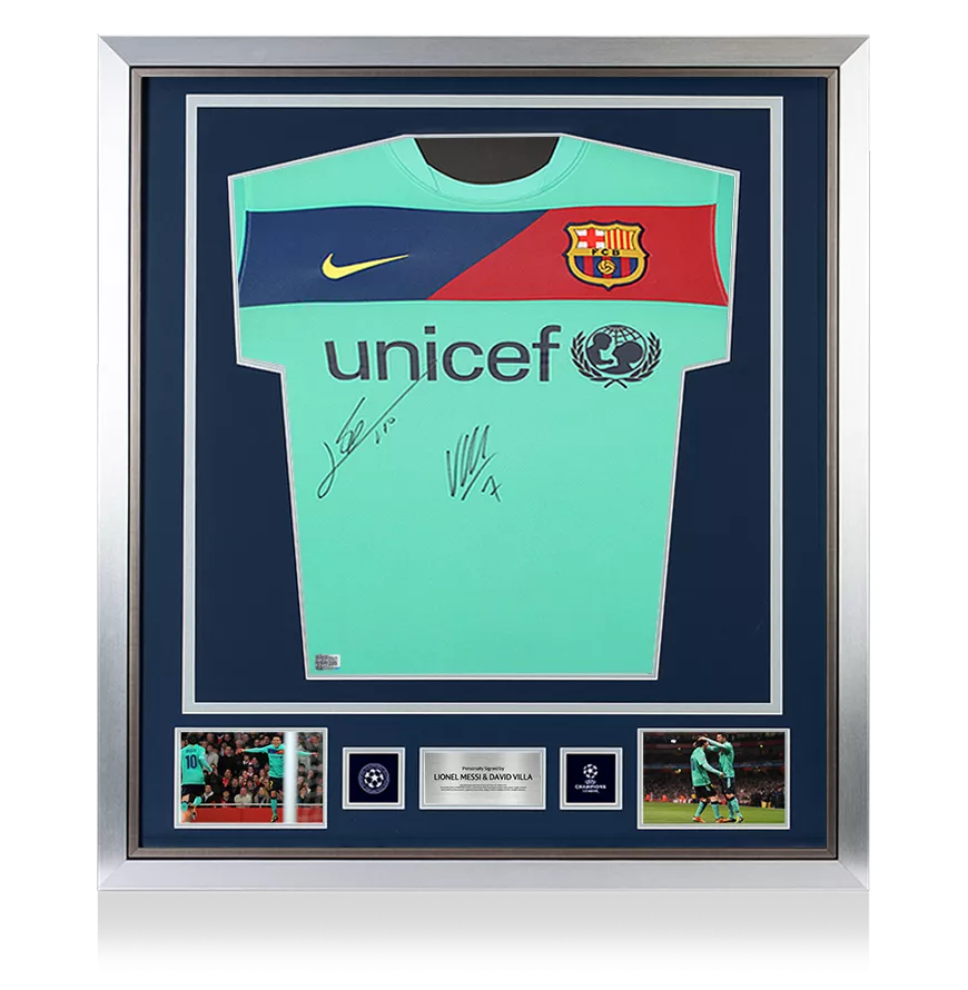 Lionel Messi e David Villa Ufficiale UEFA Champions League Front Firmed and Incormed FC Barcelona 2010-11 Shirt in trasferta