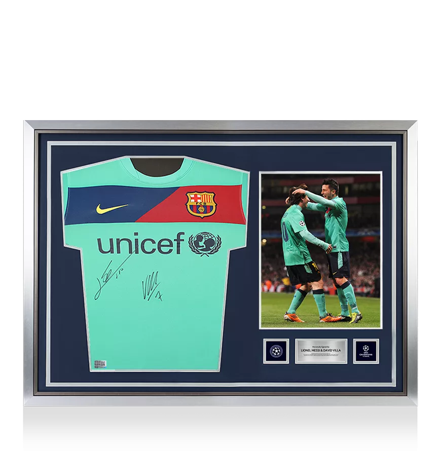 Lionel Messi y David Villa Oficial del frente de la Liga de Campeones de la UEFA firmado y héroe enmarcado FC Barcelona 2010-11