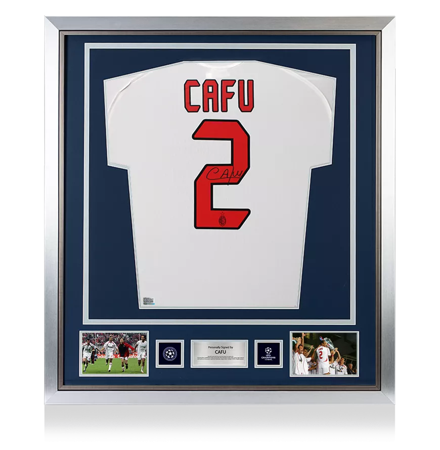 CAFU ufficiale UEFA Champions League Back Firmato e incorniciato AC Milan 2005-06 Shirt in trasferta