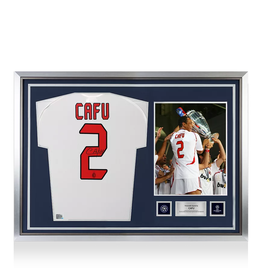 Ufficiale CAFU UEFA Champions League Back Firmato e Hero incorniciato AC Milan 2005-06 Shirt in trasferta