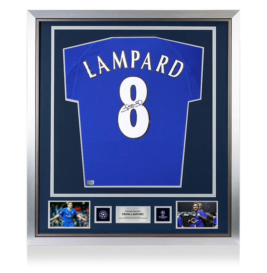 Frank Lampard ufficiale UEFA Champions League Back Firmato e incorniciato Chelsea 2000-01 Shirt casalingo