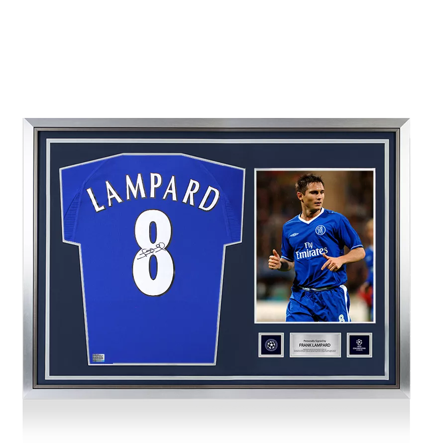 Frank Lampard ufficiale UEFA Champions League Back Firmato e Hero incorniciata Chelsea 2000-01 Shirt casalingo