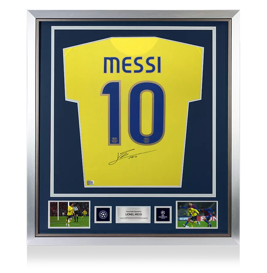 Lionel Messi Official UEFA Champions League Back Signed and Framed FC Barcelona 2008-10 Away Shirt