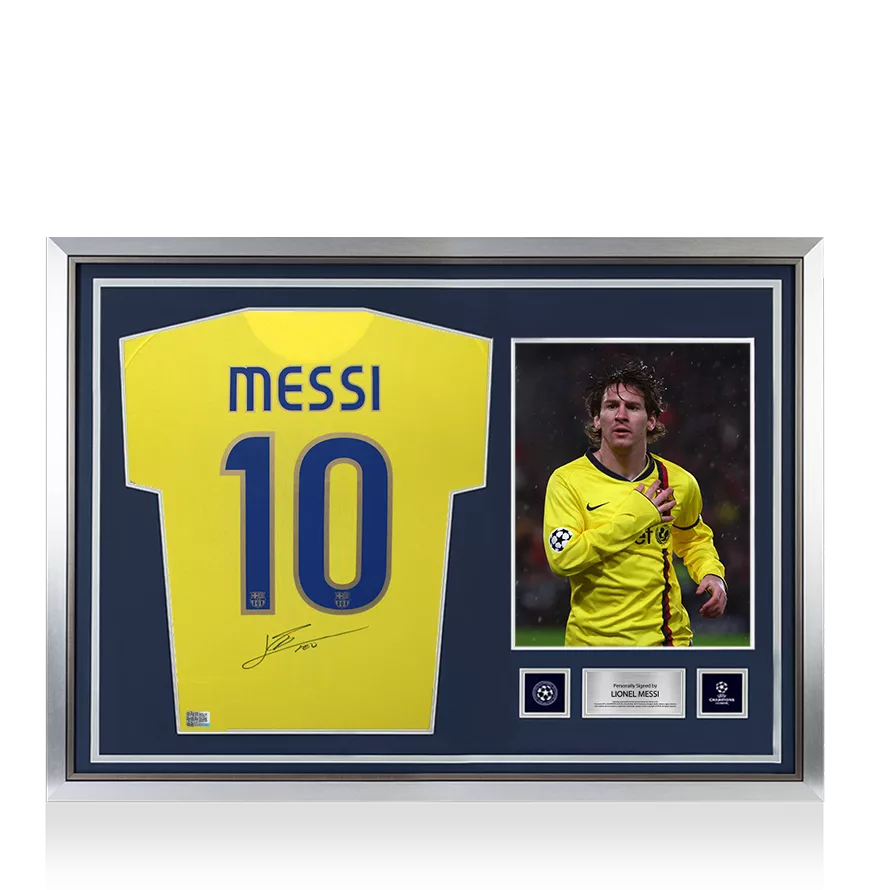 Lionel Messi Official UEFA Champions League Back Signed and Hero Framed FC Barcelona 2008-10 Away Shirt
