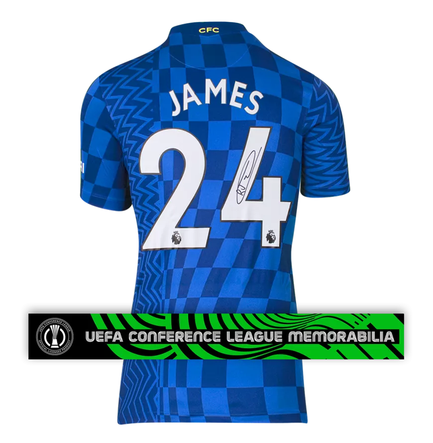 Maillot domicile officiel de l'UEFA Europa Conference League signé par Reece James pour Chelsea 2021-22