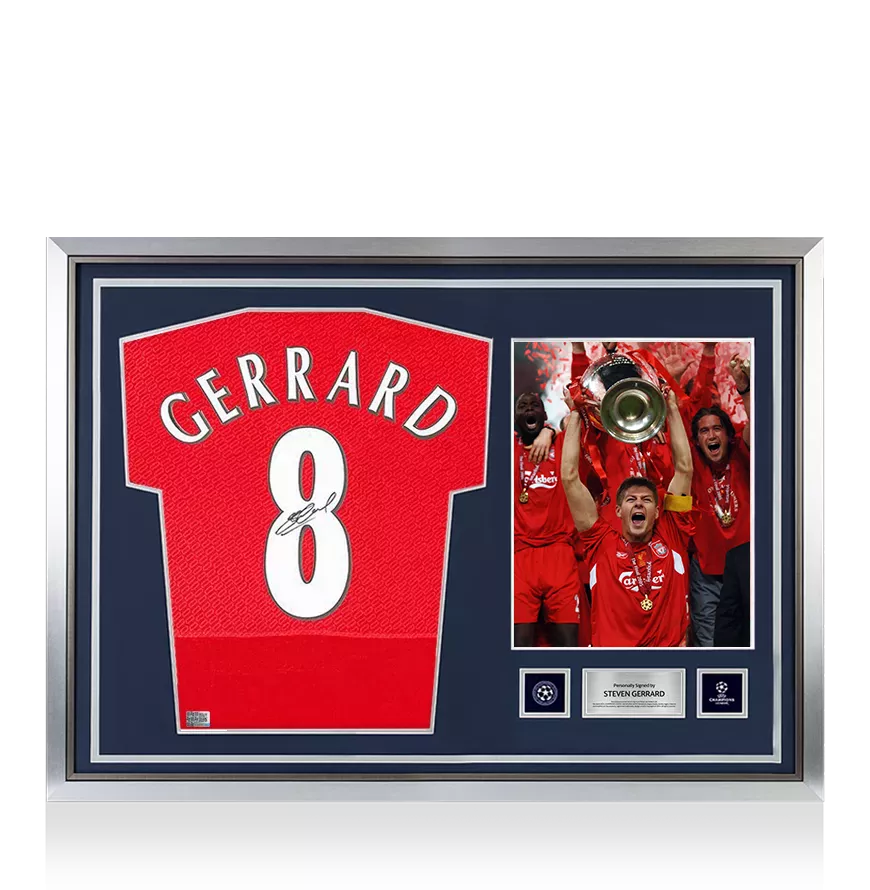 Steven Gerrard Offizieller UEFA Champions League Back unterschrieben und Held gerahmt Liverpool 2005 Home -Shirt: UEFA Champions League Final Edition