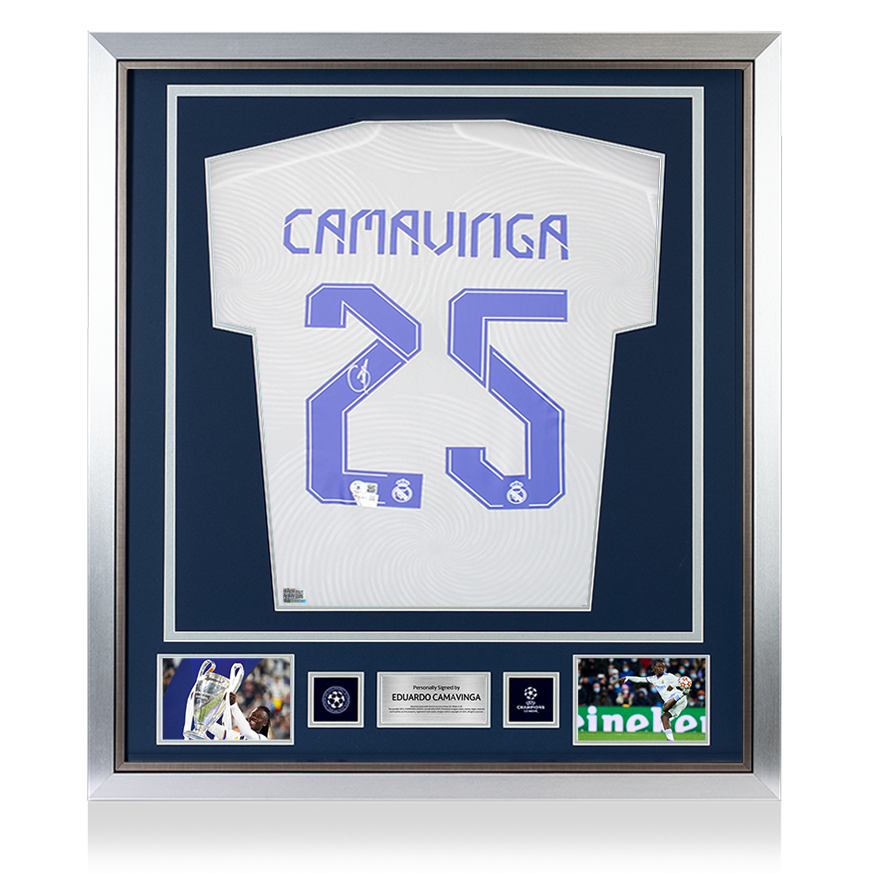 Eduardo Camavinga Official UEFA Champions League Back Signed and Framed Real Madrid 2021-22 Home Shirt