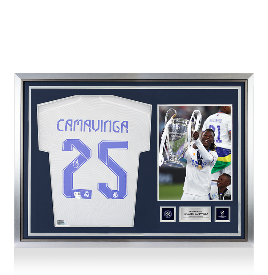Eduardo Camavinga Official UEFA Champions League Back Signed and Hero Framed Real Madrid 2021-22 Home Shirt