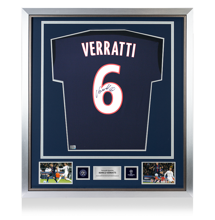 Marco Verratti Official UEFA Champions League Back Signed and Framed Paris Saint-Germain 2015-16 Home Shirt With Fan Style Number