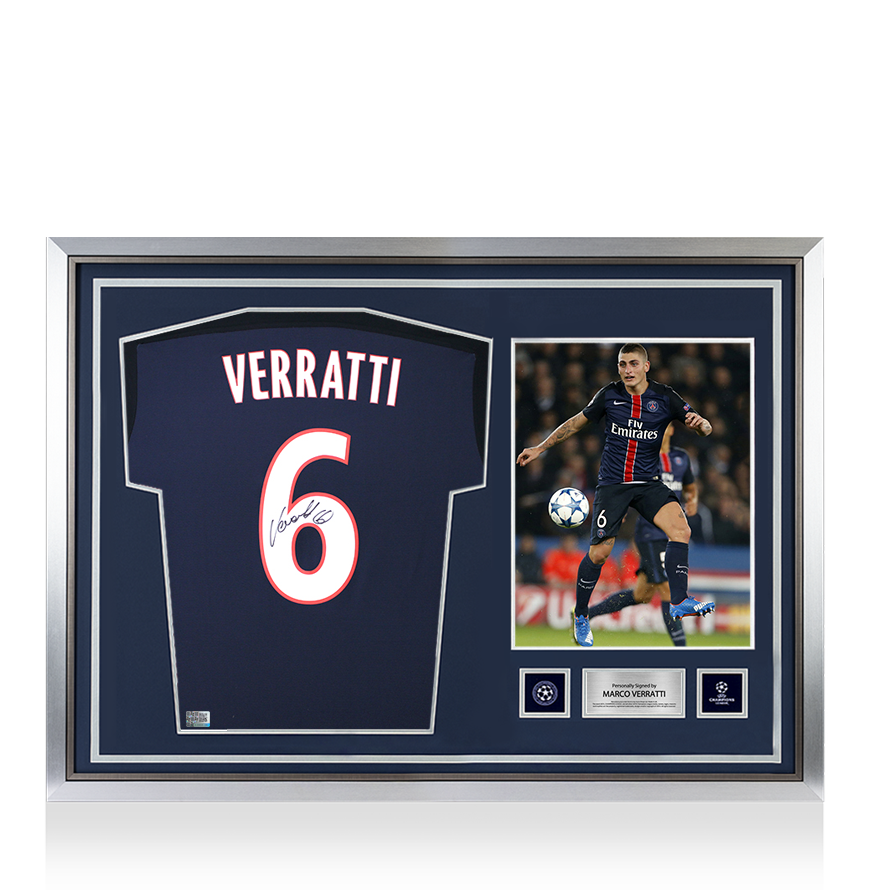 Marco Verratti Official UEFA Champions League Back Signed and Hero Framed Paris Saint-Germain 2015-16 Home Shirt With Fan Style Number