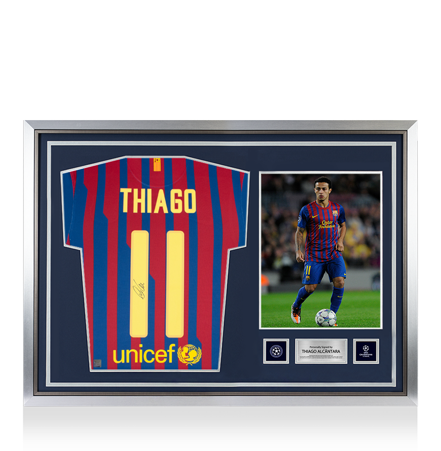 Thiago Alcantara Offizielles UEFA Champions League Back unterschrieben und Held-gerahmter FC Barcelona 2011-12 Home-Shirt mit Fan-Stil-Zahlen