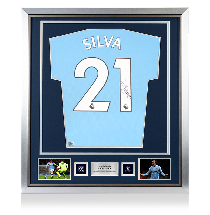 David Silva Official UEFA Champions League Back Signed and Framed Manchester City 2021-22 Home Shirt