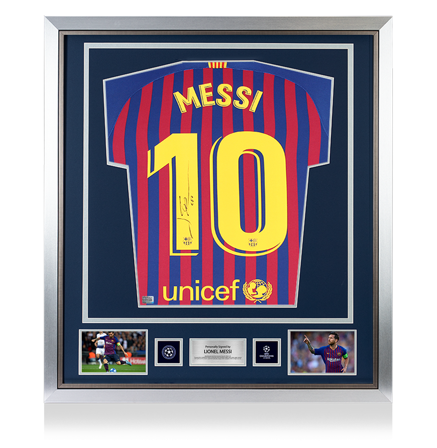 Lionel Messi Official UEFA Champions League Official Back Signed and Framed FC Barcelona 2018-19 Home Shirt