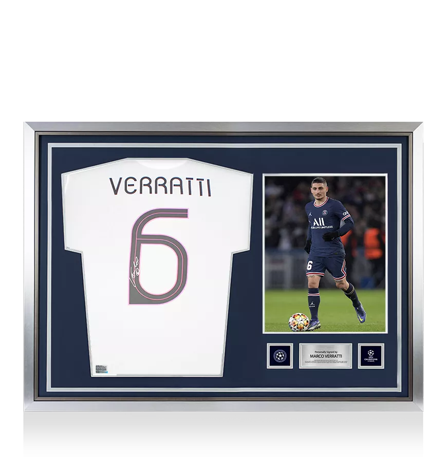 Marco Verratti Oficial de la UEFA Champions League Firmado y héroe enmarcado Paris Saint-Germain 2021-22