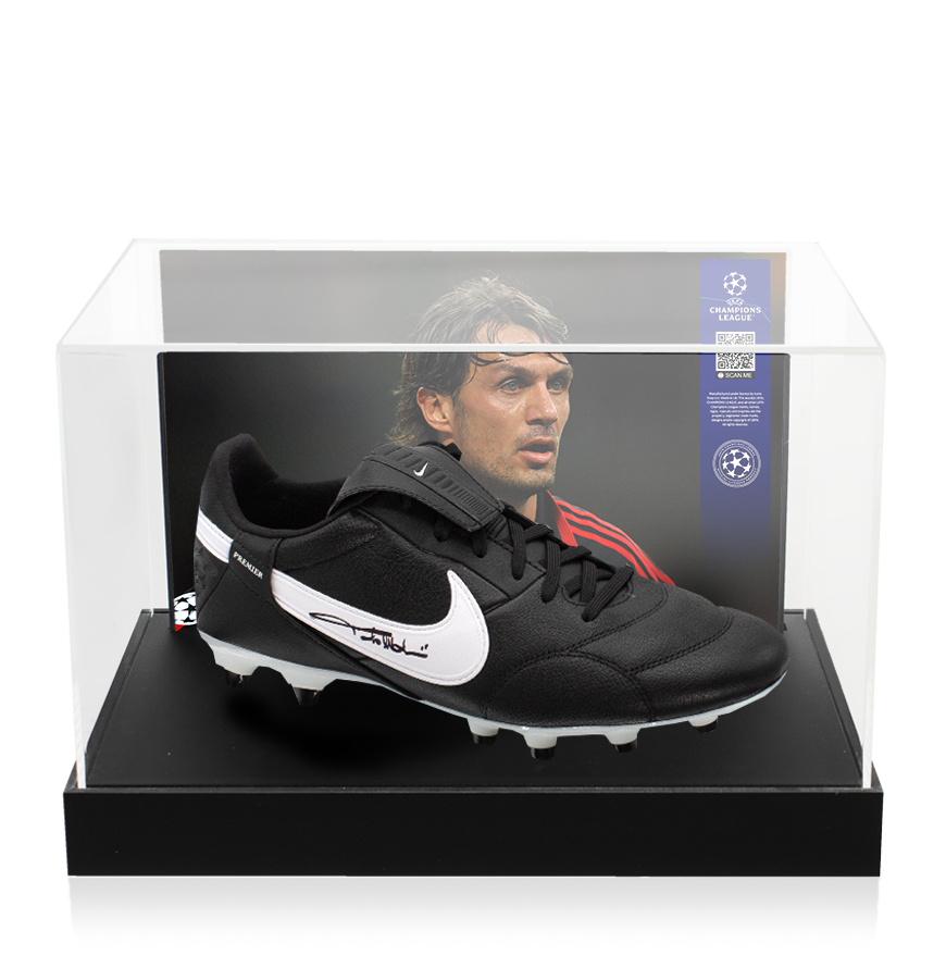 Paolo Maldini Official UEFA Champions League Signed Nike Premier Black Boot In Photo Acrylic Case: Option 1