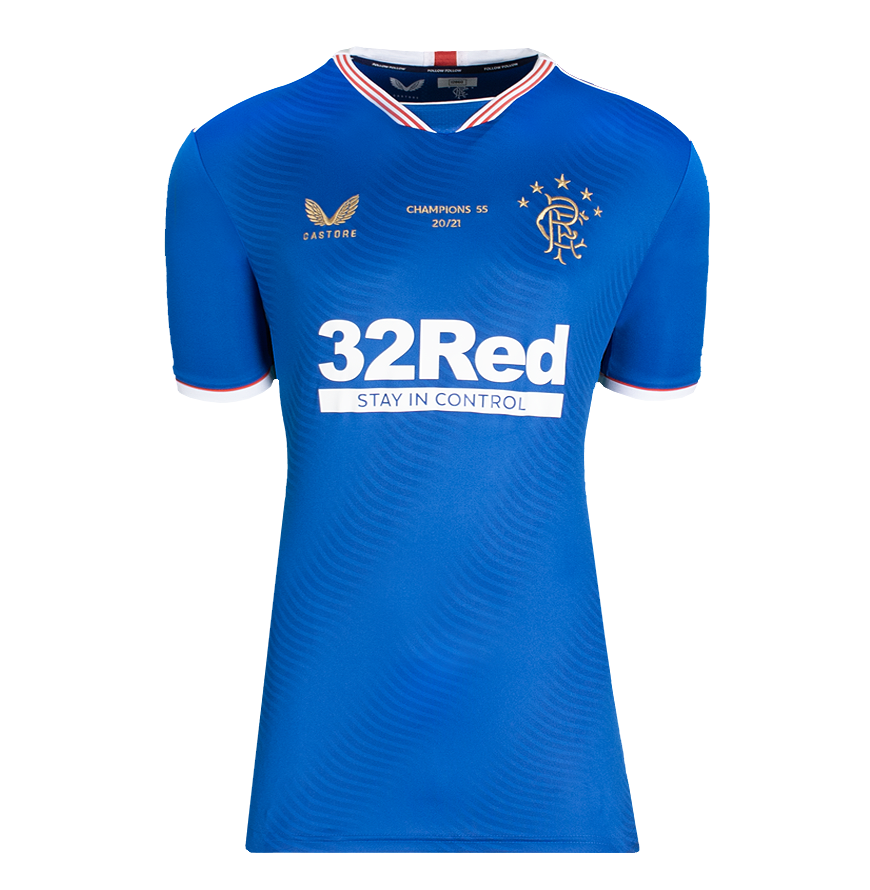 Maillot officiel des Rangers 2020-21 signé par Brian Laudrup pour l'UEFA Europa League