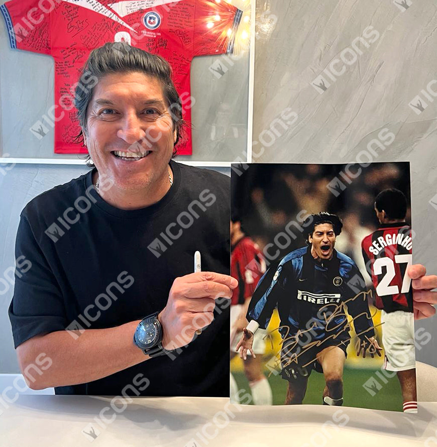 Ivan Zamorano Official UEFA Champions League Signed and Framed Internazionale Photo in Gold: Milan Derby Goal
