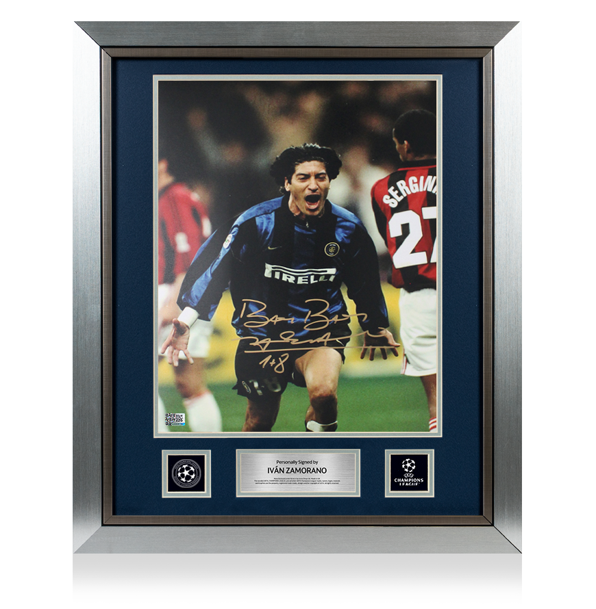Ivan Zamorano Official UEFA Champions League Signed and Framed Internazionale Photo in Gold: Milan Derby Goal