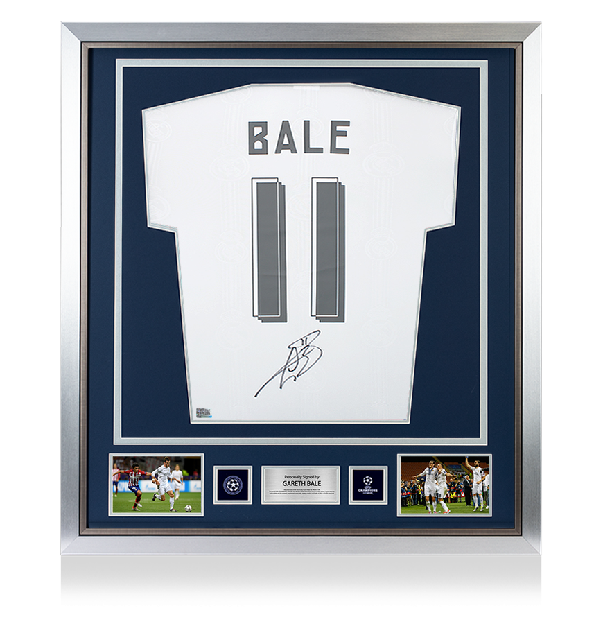 PRE-FRAMED Gareth Bale Official UEFA Champions League Back Signed and Framed Real Madrid Modern Home Shirt with Fan Style Numbers