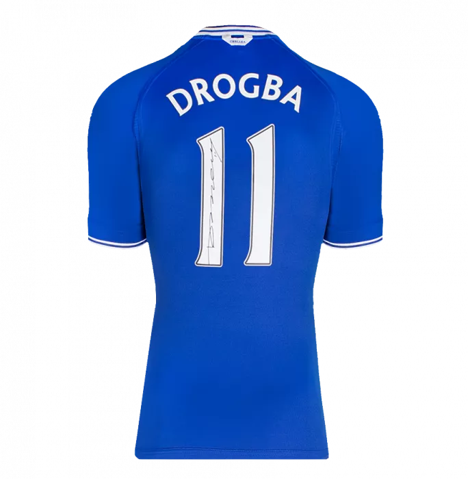 Didier Drogba Oficial de la UEFA Champions League firmado y héroe Chelsea Chelsea 2000-01 Camisa doméstica con números de estilo de fanáticos