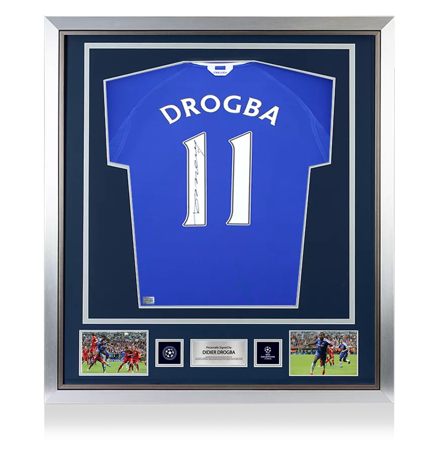 Didier Drogba Oficial de la UEFA Champions League Firmado y enmarcado Chelsea 2000-01 camisa casera con números de estilo de fanáticos