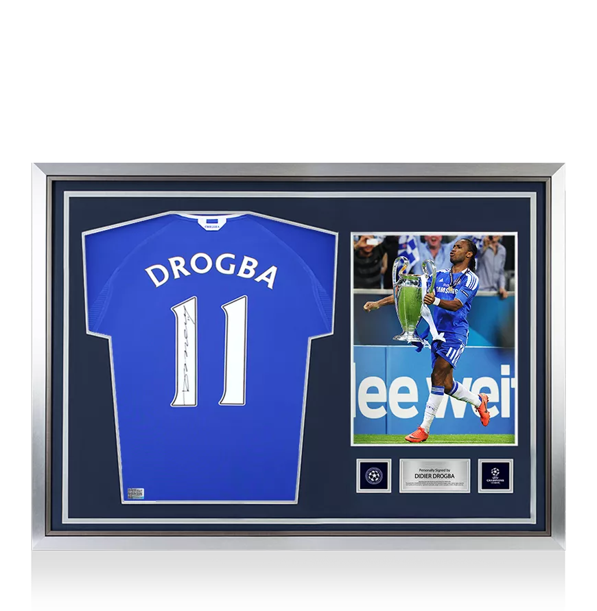 Didier Drogba Oficial de la UEFA Champions League firmado y héroe Chelsea Chelsea 2000-01 Camisa doméstica con números de estilo de fanáticos