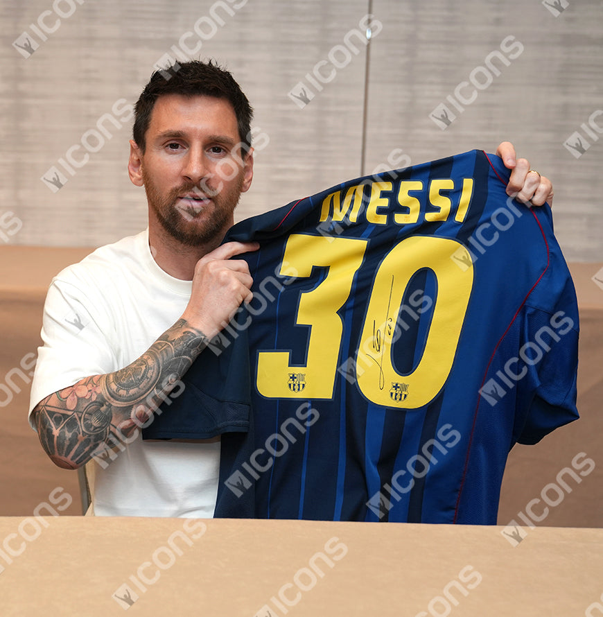 Lionel Messi Official UEFA Champions League Official Back Signed and Framed FC Barcelona 2004-05 Away Shirt