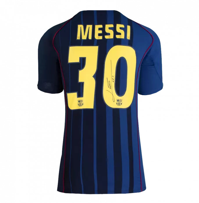 Lionel Messi Oficial Oficial de la Liga de Campeones de la UEFA Firmado y héroe enmarcado FC Barcelona 2004-05 Away Shirt