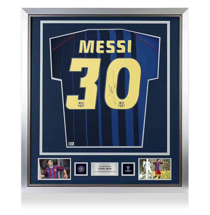 La schiena ufficiale della UEFA Champions League ufficiale di Lionel Messi ha firmato e incorniciato l'FC Barcelona 2004-05 Shirt in trasferta