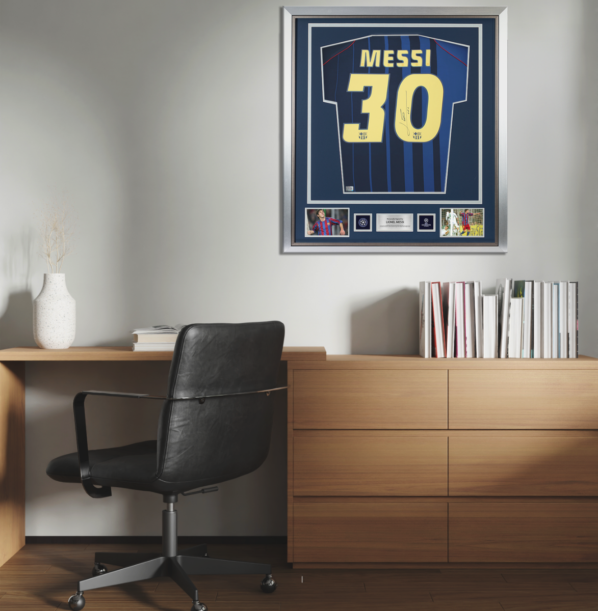 Lionel Messi Official UEFA Champions League Official Back Signed and Framed FC Barcelona 2004-05 Away Shirt