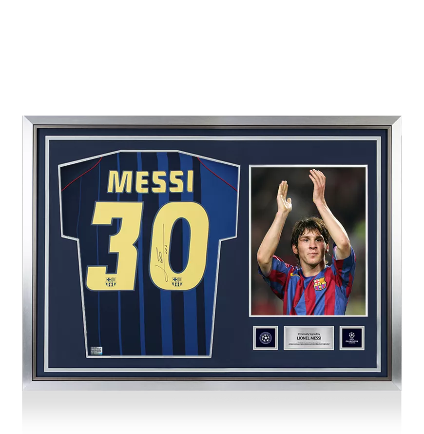 Lionel Messi Oficial Oficial de la Liga de Campeones de la UEFA Firmado y héroe enmarcado FC Barcelona 2004-05 Away Shirt
