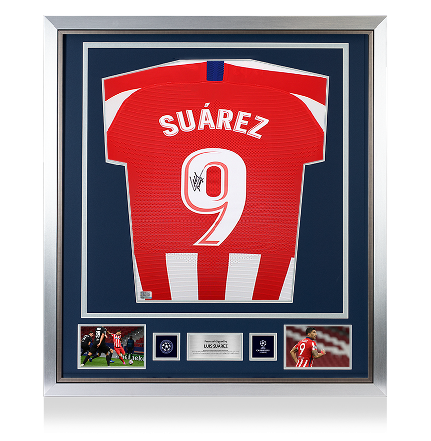 Luis Suarez Official UEFA Champions League Back Signed and Framed Atletico Madrid 2019-20 Home Shirt with Fan Style Number