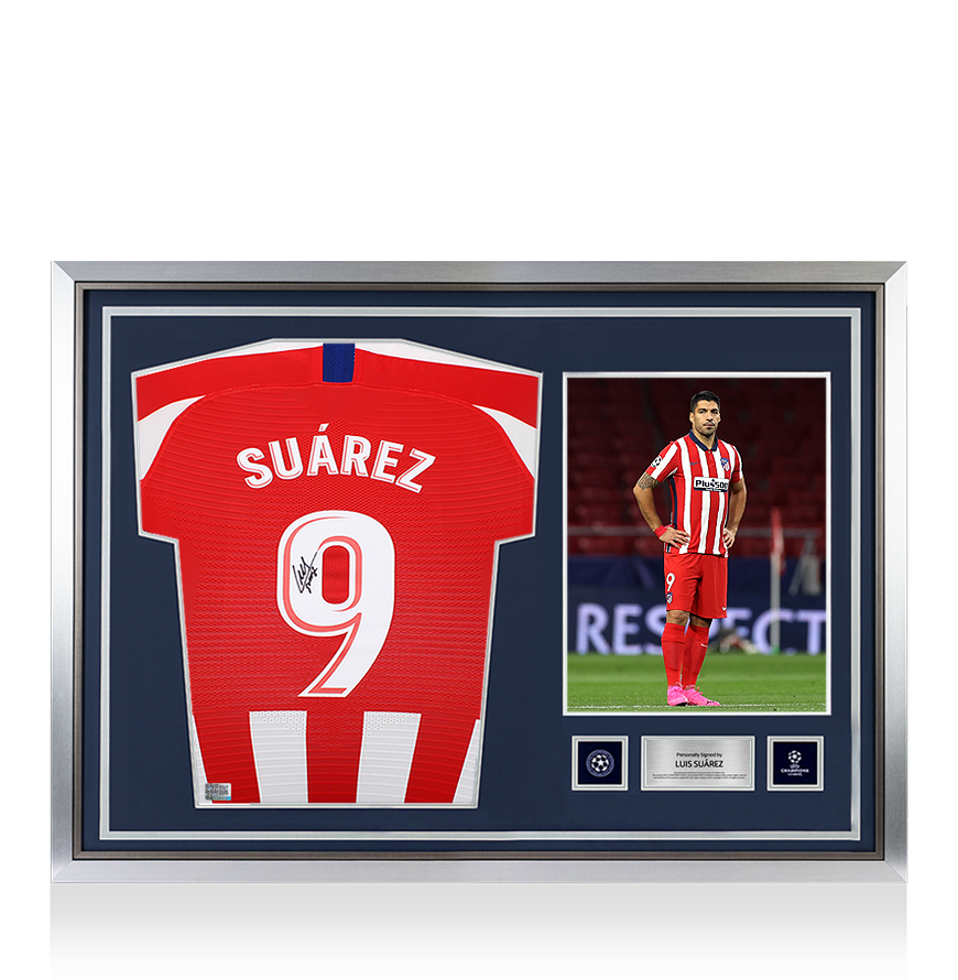 Luis Suarez Official UEFA Champions League Back Signed and Hero Framed Atletico Madrid 2019-20 Home Shirt with Fan Style Number