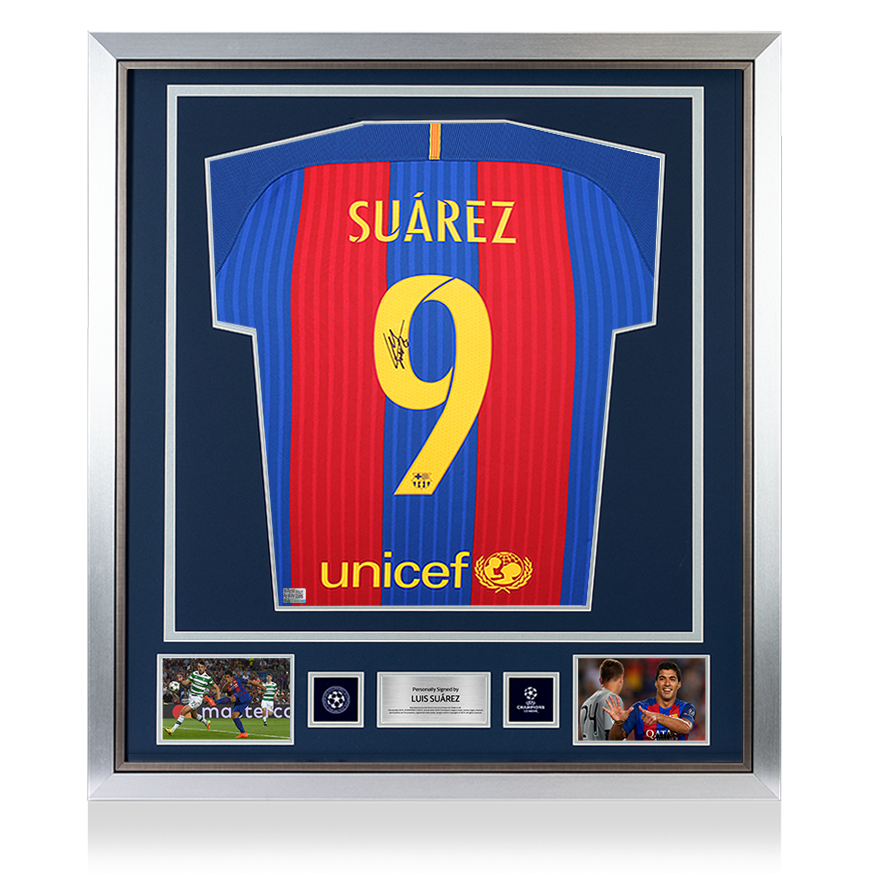 Luis Suarez Official UEFA Champions League Back Signed and Framed FC Barcelona 2016-17 Home Shirt