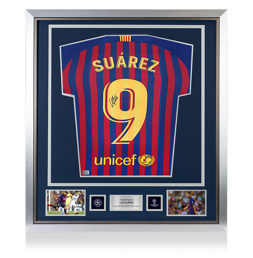 Luis Suarez Official UEFA Champions League Back Signed and Framed FC Barcelona 2018-19 Home Shirt with Fan Style Number