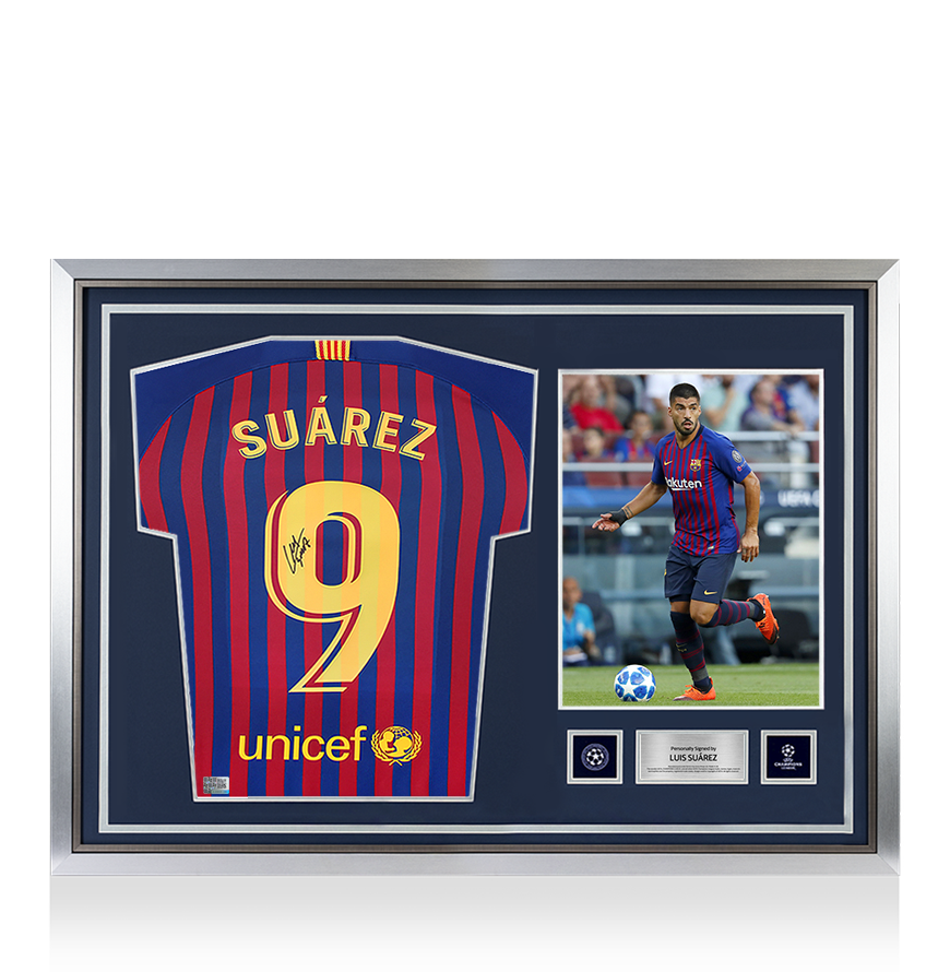 Luis Suarez Official UEFA Champions League Back Signed and Hero Framed FC Barcelona 2018-19 Home Shirt with Fan Style Number