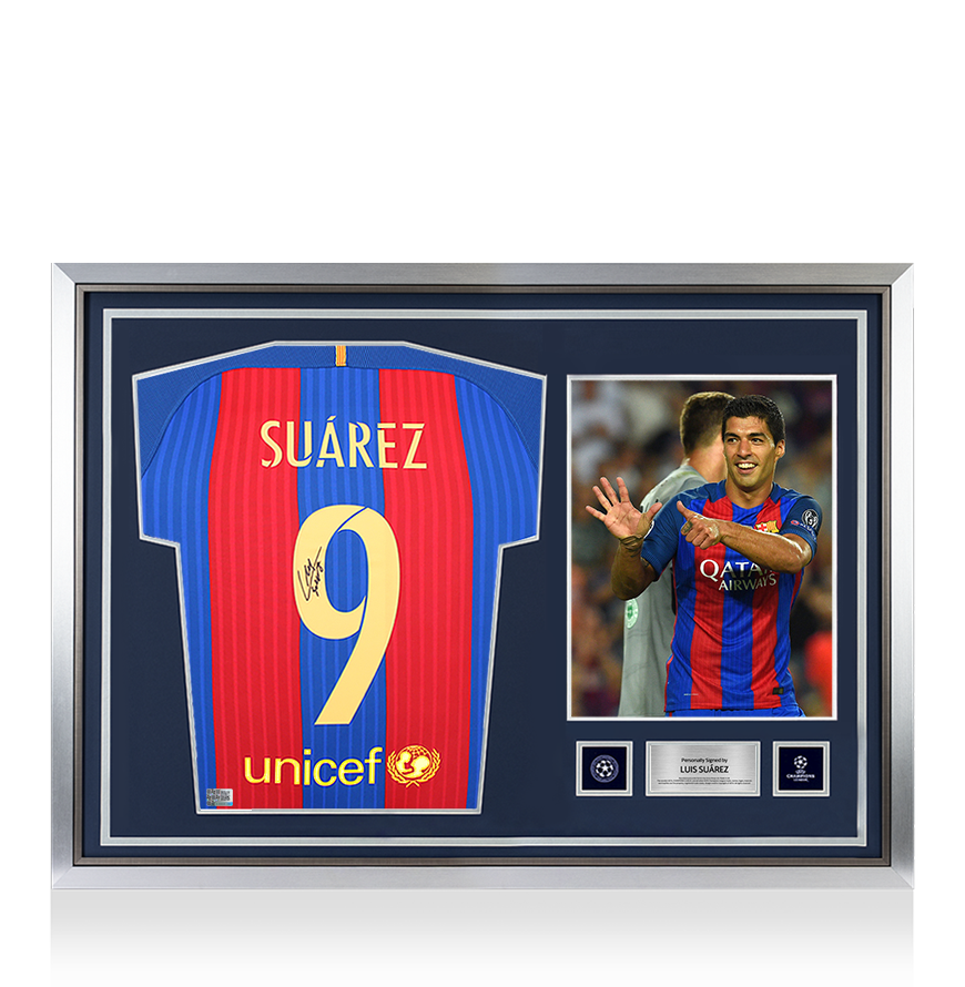 Luis Suarez Official UEFA Champions League Back Signed and Hero Framed FC Barcelona 2016-17 Home Shirt with Fan Style Number