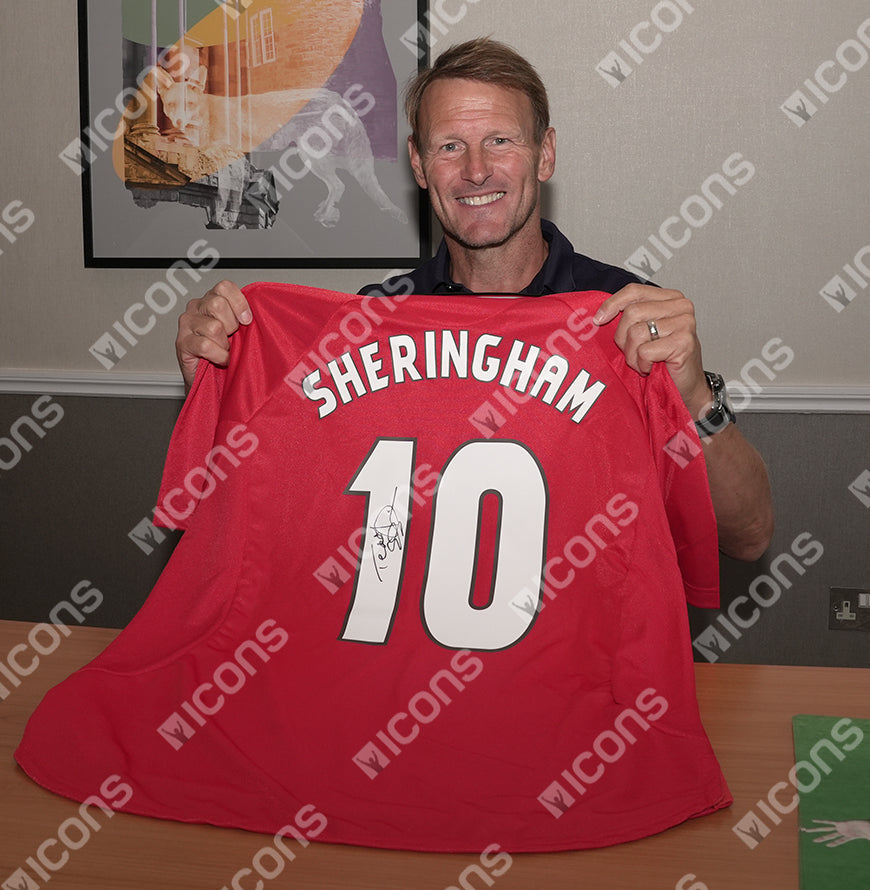 Teddy Sheringham Official UEFA Champions League Back Signed and Framed Manchester United 1999 Home Shirt