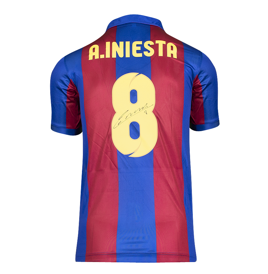 Andres Iniesta Official UEFA Champions League Back Signed and Hero Framed Retro FC Barcelona Home Shirt