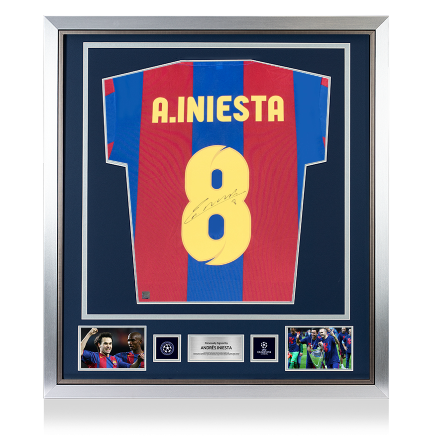 Andres Iniesta Official UEFA Champions League Back Signed and Framed Retro FC Barcelona Home Shirt