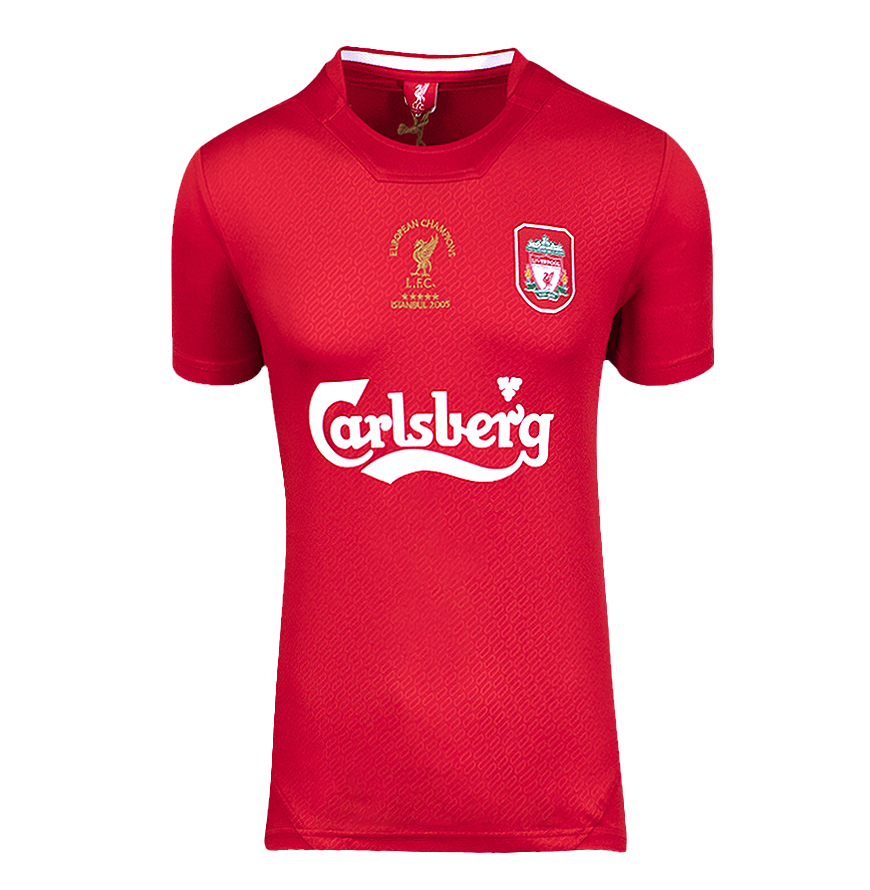Jamie Carragher Offizielle UEFA Champions League Back unterschrieben und Held gerahmt Liverpool FC 2005 Home Shirt