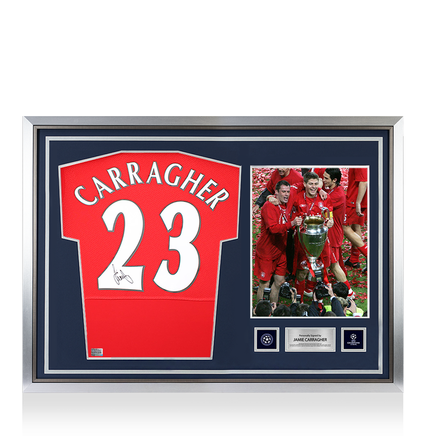 Jamie Carragher Offizielle UEFA Champions League Back unterschrieben und Held gerahmt Liverpool FC 2005 Home Shirt