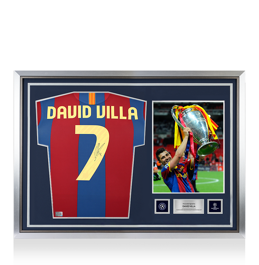 David Villa Official UEFA Champions League Back Signed and Hero Framed FC Barcelona 2010-11 Home Shirt with Fan Style Number