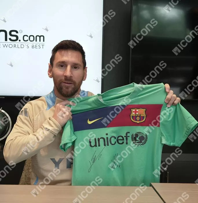 Lionel Messi y David Villa Oficial del frente de la Liga de Campeones de la UEFA firmado y héroe enmarcado FC Barcelona 2010-11